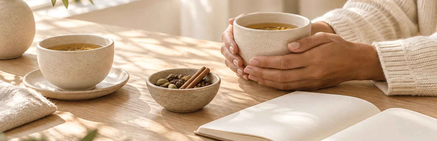Hands holding a cup of golden herbal tea beside a bowl of spices and an open notebook