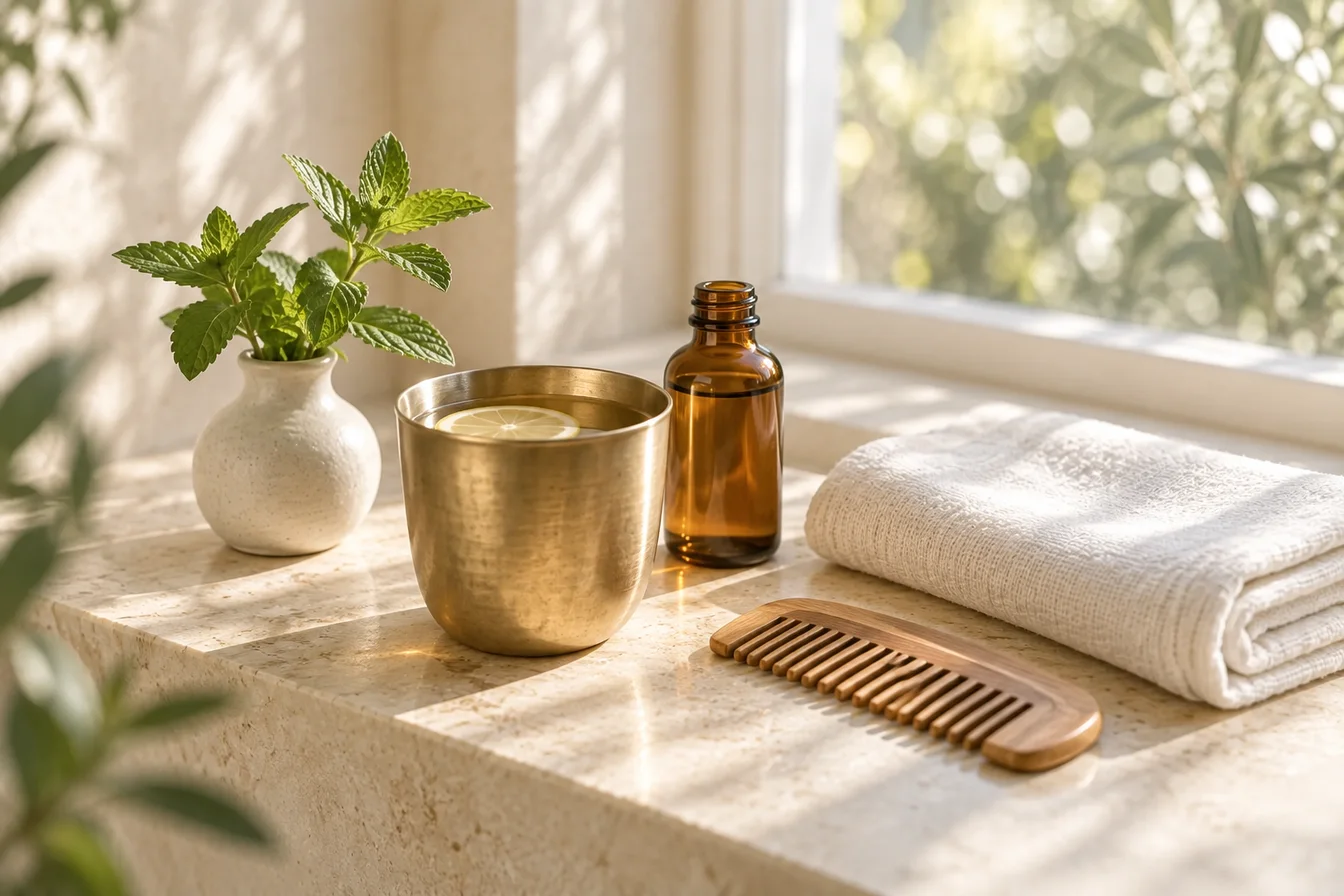 A brass cup of warm water with lemon, a small bottle of oil and a folded linen towel on a stone ledge