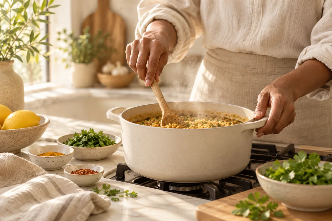 Hands stirring a pot of golden lentils and rice beside small bowls of spices
