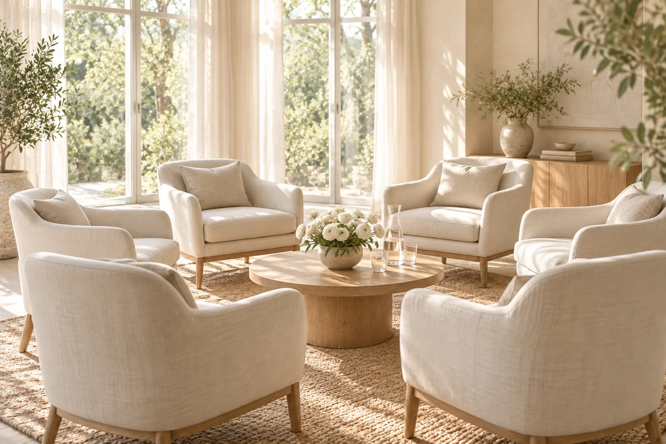 Linen armchairs arranged in a small circle around a low table with white flowers