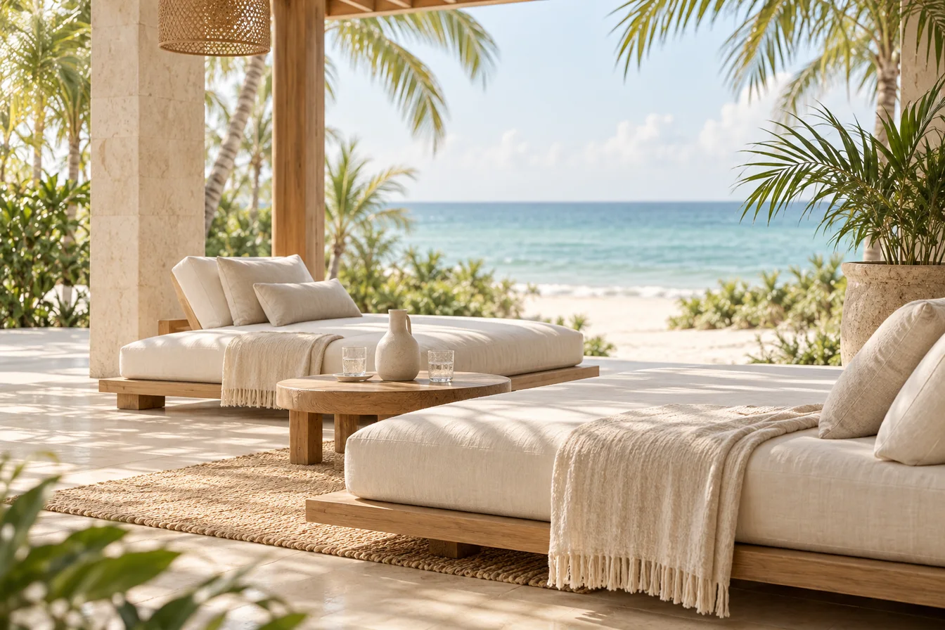 A shaded terrace with two linen daybeds looking out over a calm turquoise sea