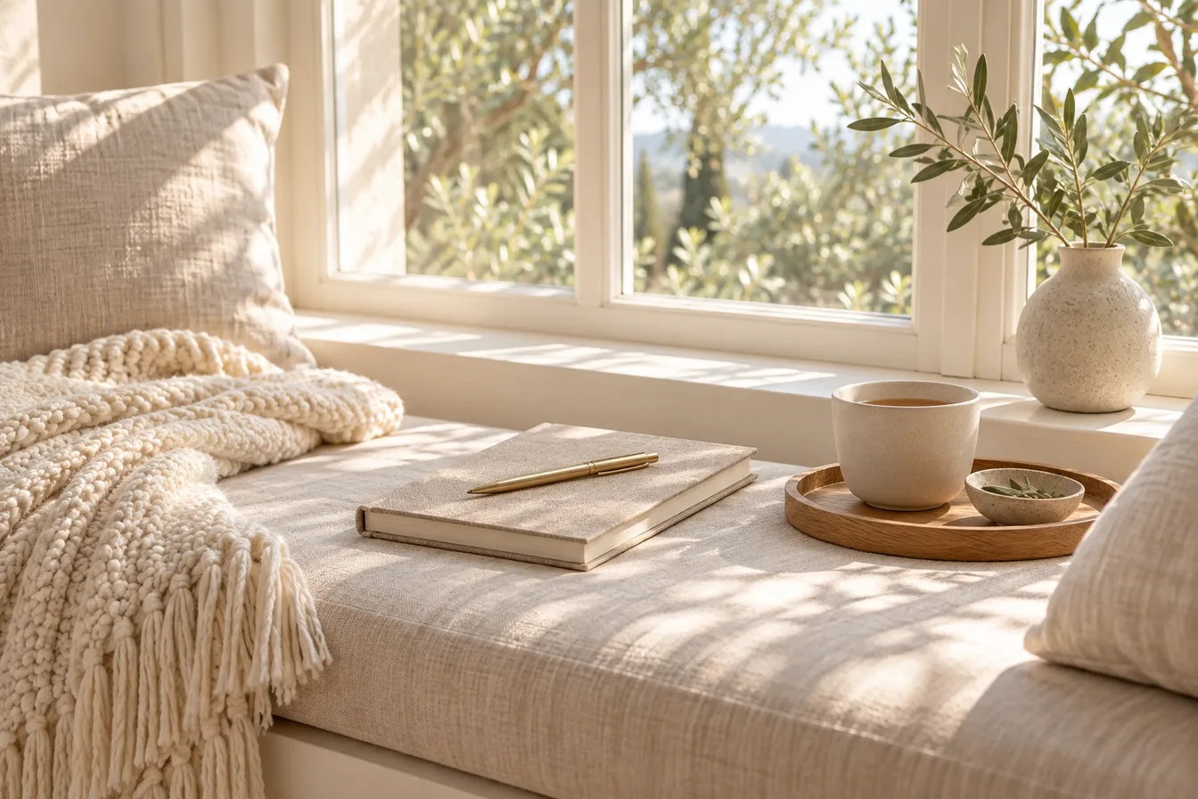 A closed journal with a brass pen, a cup of tea and a knit throw on a sunlit window seat