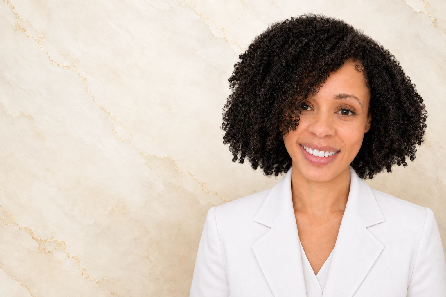 Portrait of CandiChinwe against an ivory mineral texture