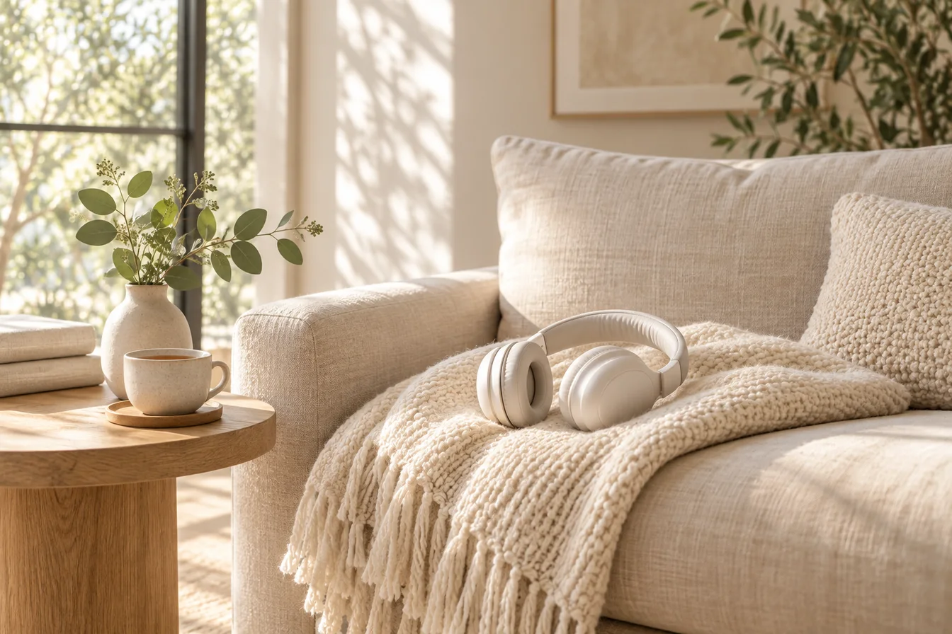Ivory headphones on a folded knit throw beside a cup of tea on a sofa