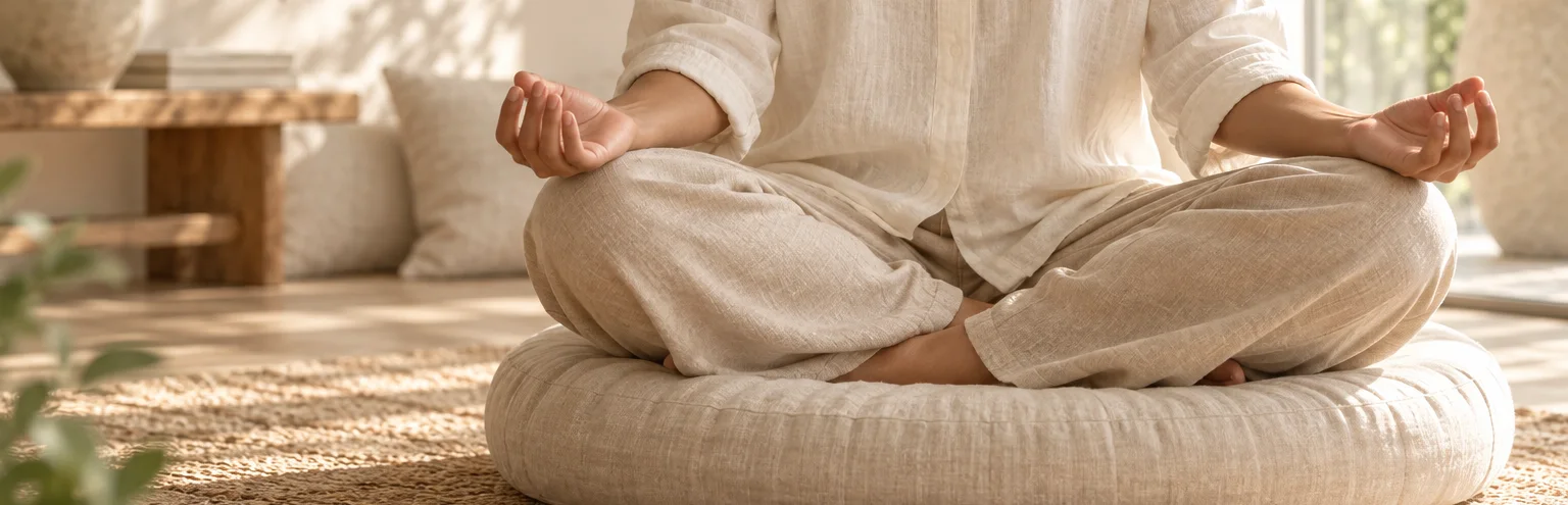 A person seated cross-legged on a linen cushion with hands resting on their knees, shown from the collarbone down