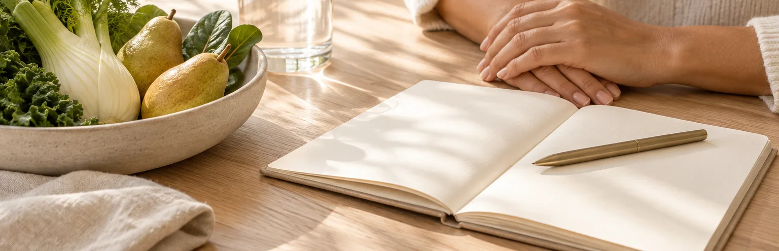 Hands resting beside an open notebook, a bowl of seasonal produce and a glass of water on an oak table