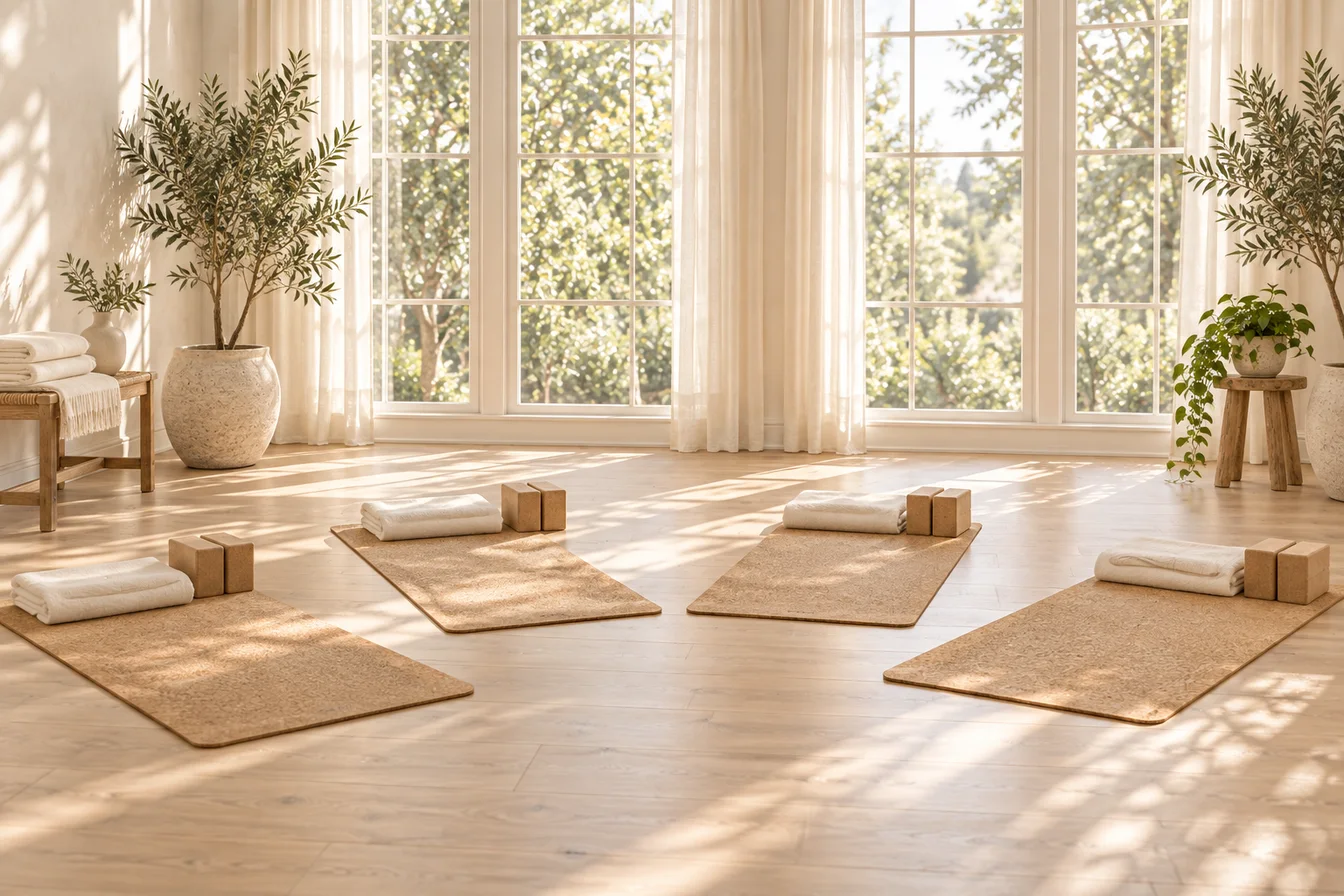 Four cork mats with folded blankets and wooden blocks set out in a bright studio