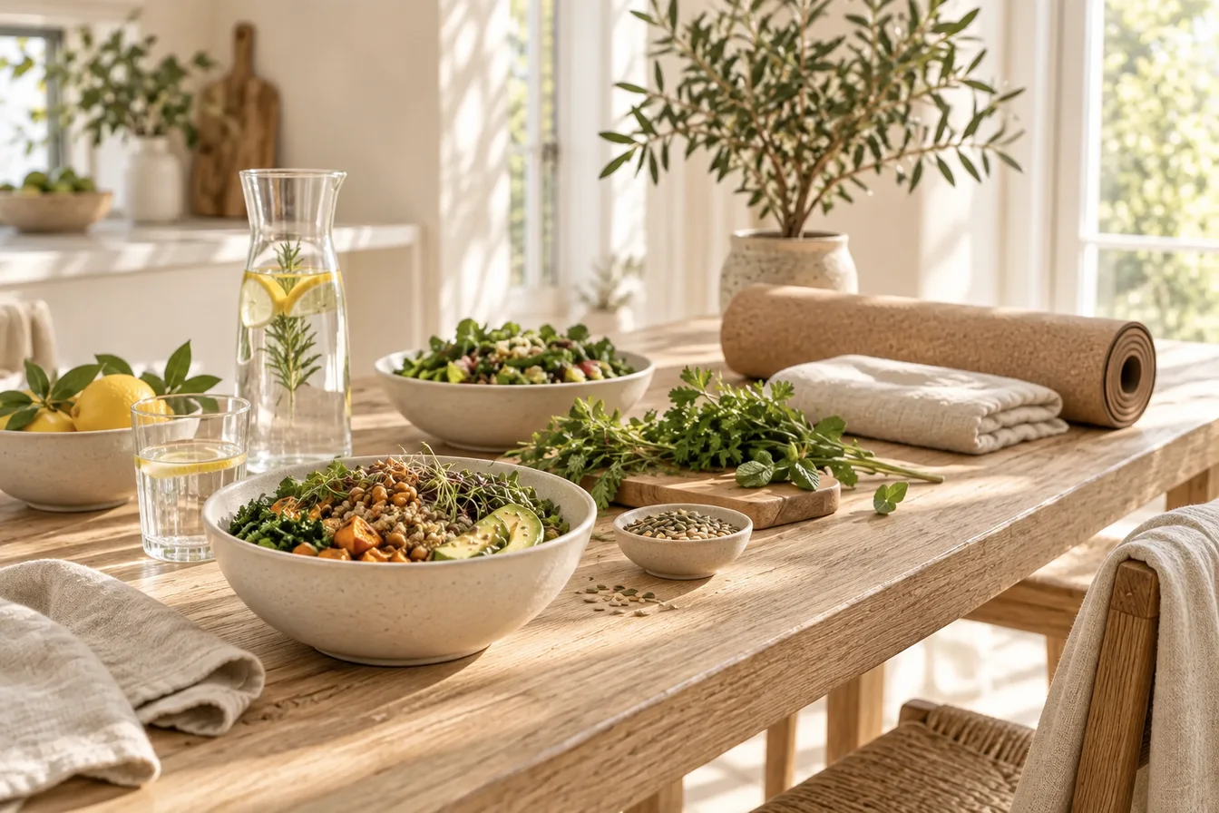 Bowls of a nourishing grain and vegetable meal, fresh herbs and a rolled yoga mat on a long oak table in a sunlit kitchen