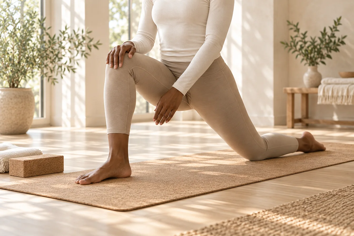 A person holding a slow low lunge on a cork mat in a bright studio, shown from the chest down