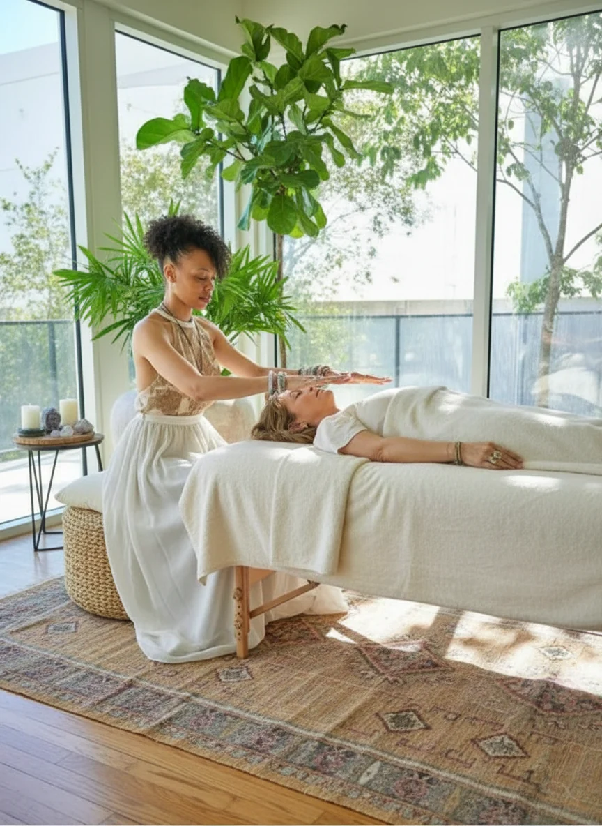 Candi offering a Reiki session in a daylight-filled room