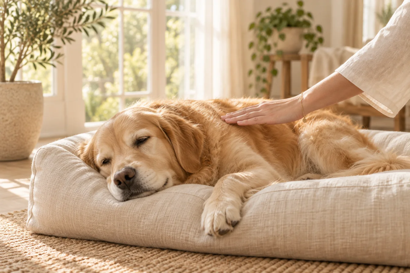 A golden retriever resting on a linen dog bed while a hand rests just above its shoulder