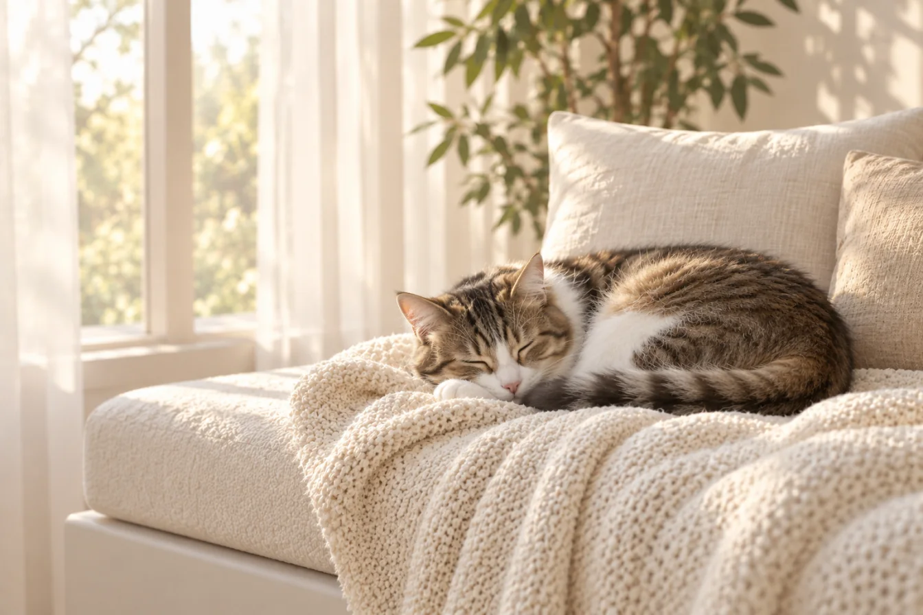 A cat asleep on a cream knit blanket on a sunlit window bench