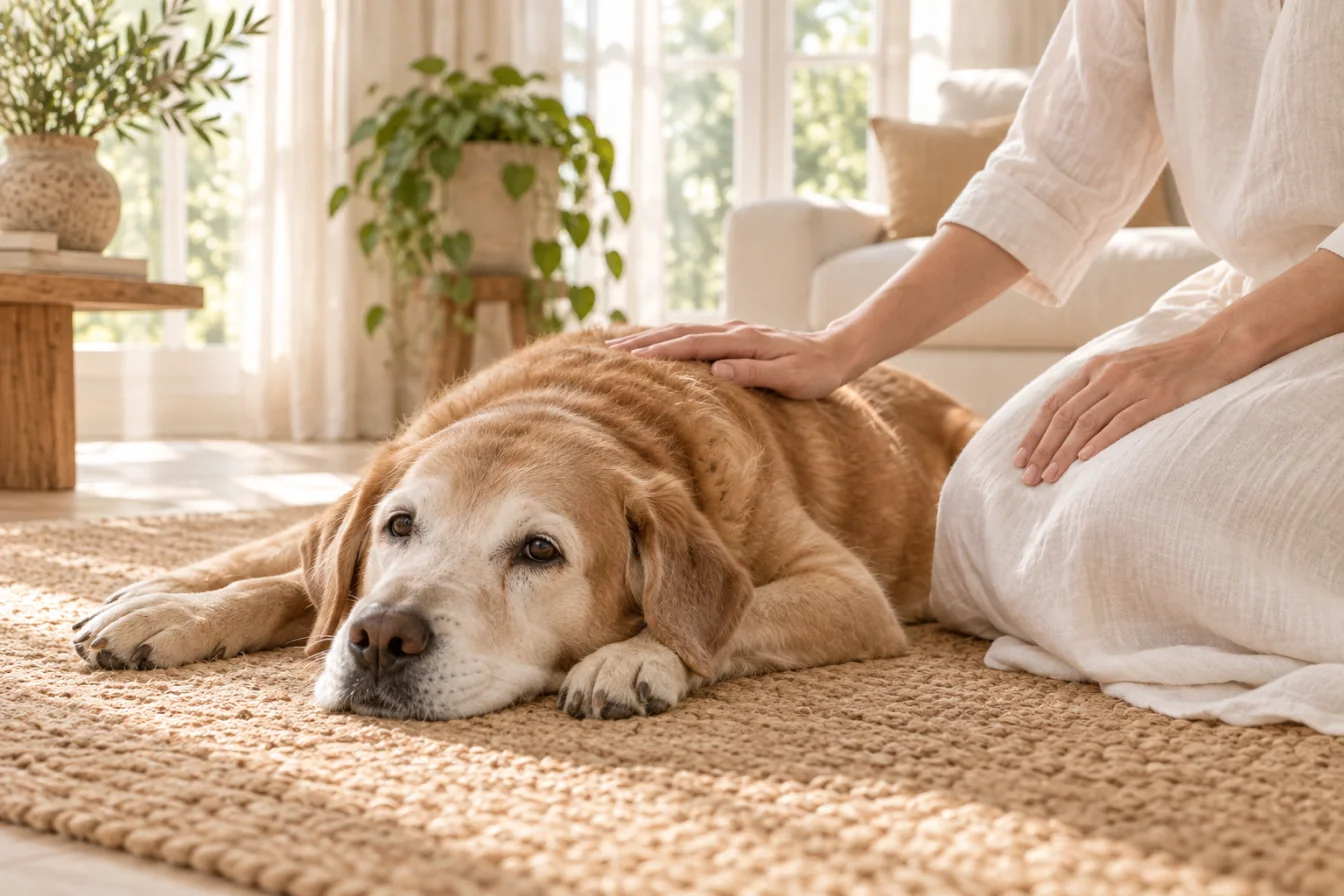 An older dog lying on a woven rug at home with a hand resting on its back