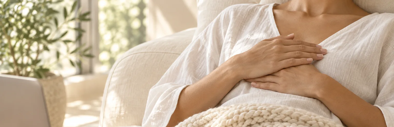 Hands resting on the chest of a person reclining under a cream knit throw at home