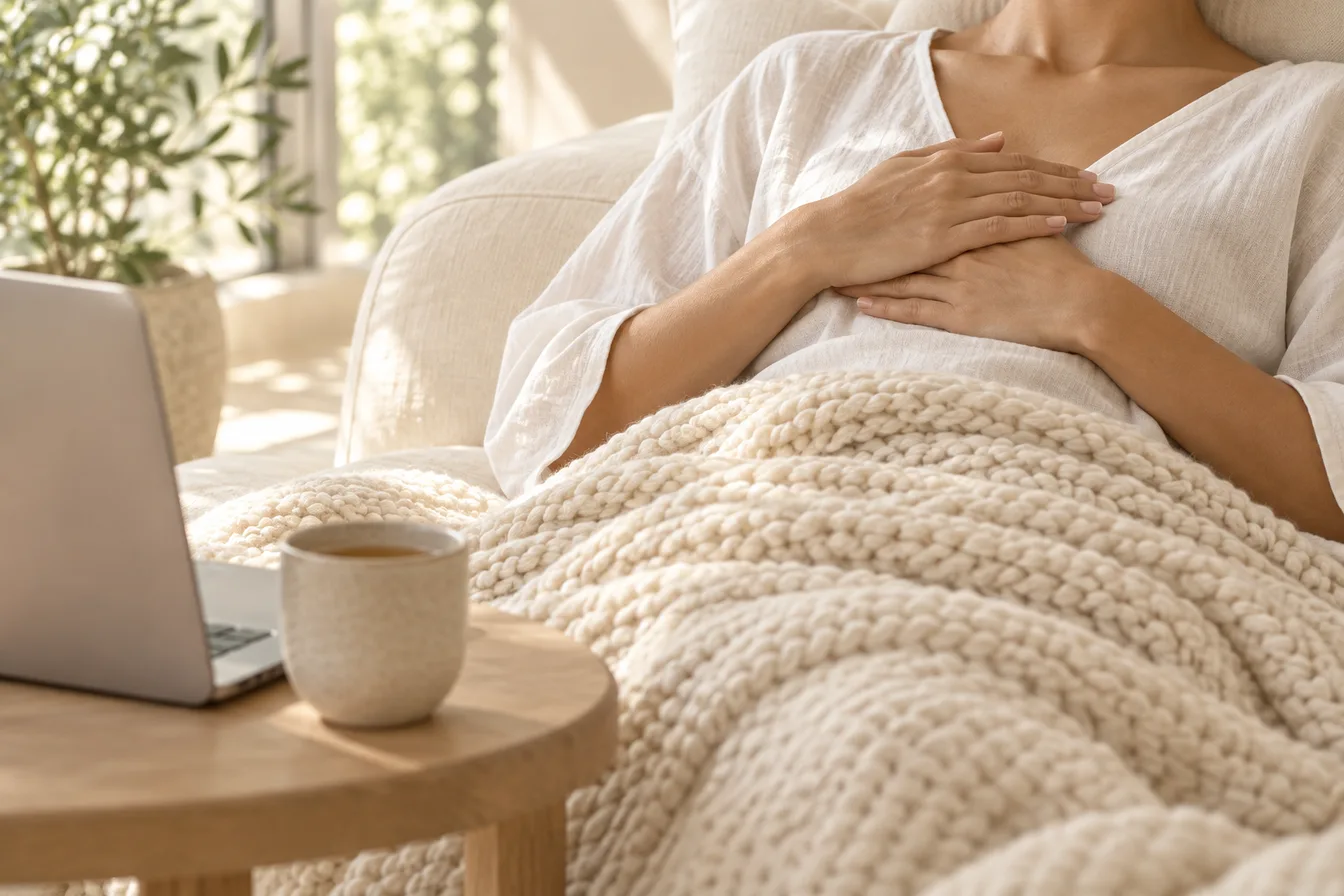 Hands resting on the chest of a person reclining under a cream knit throw, a laptop and cup on the side table