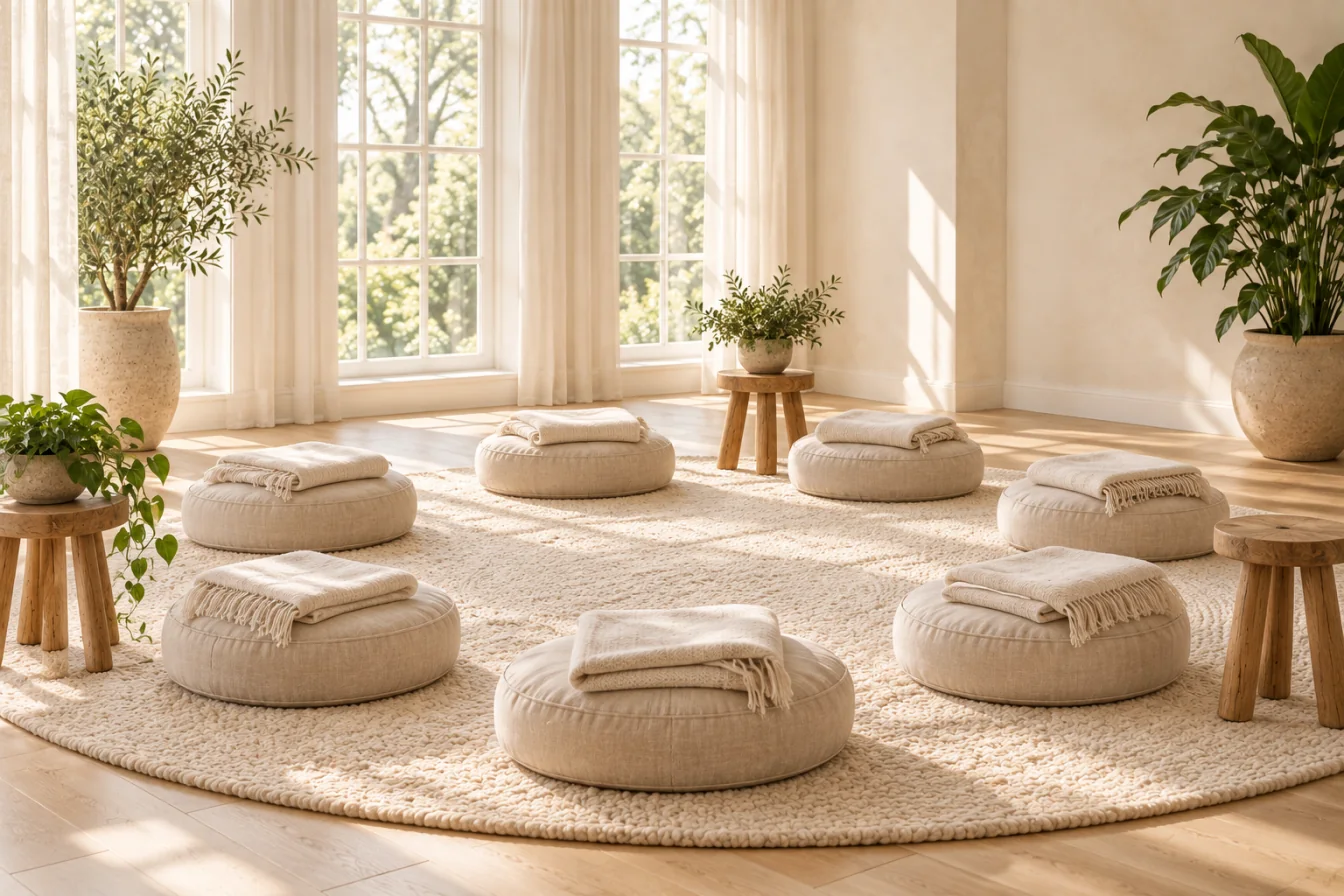Linen floor cushions arranged in a circle in a bright studio