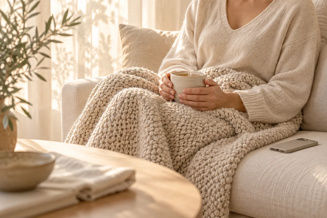 Hands holding a warm cup of tea over a knit blanket on a sofa, a phone face down beside them