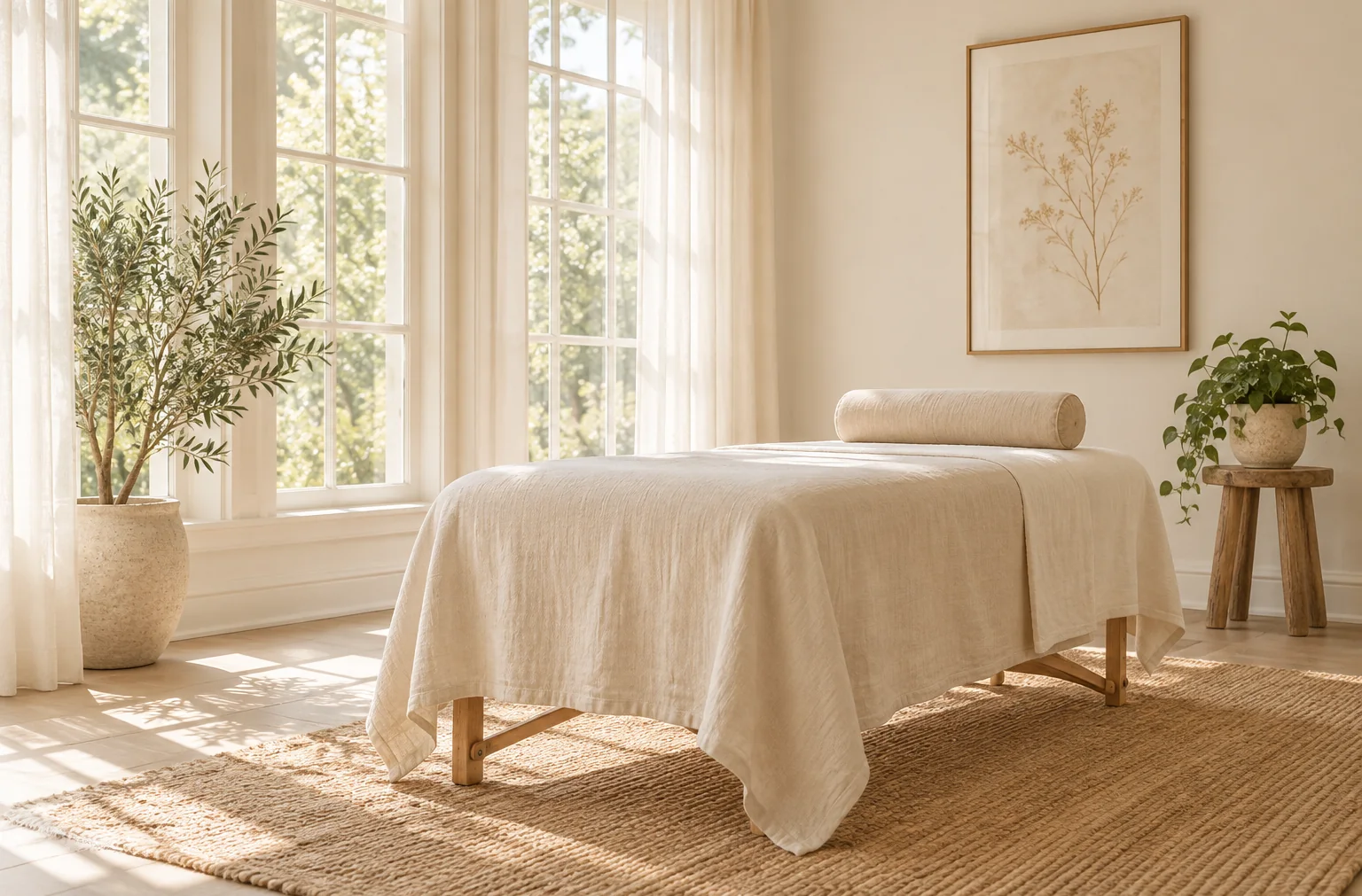A sunlit treatment room with a linen-draped table
