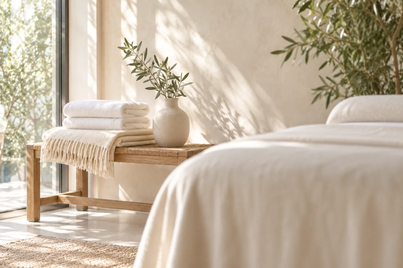 Folded linen and a wool blanket on a woven bench beside a treatment table